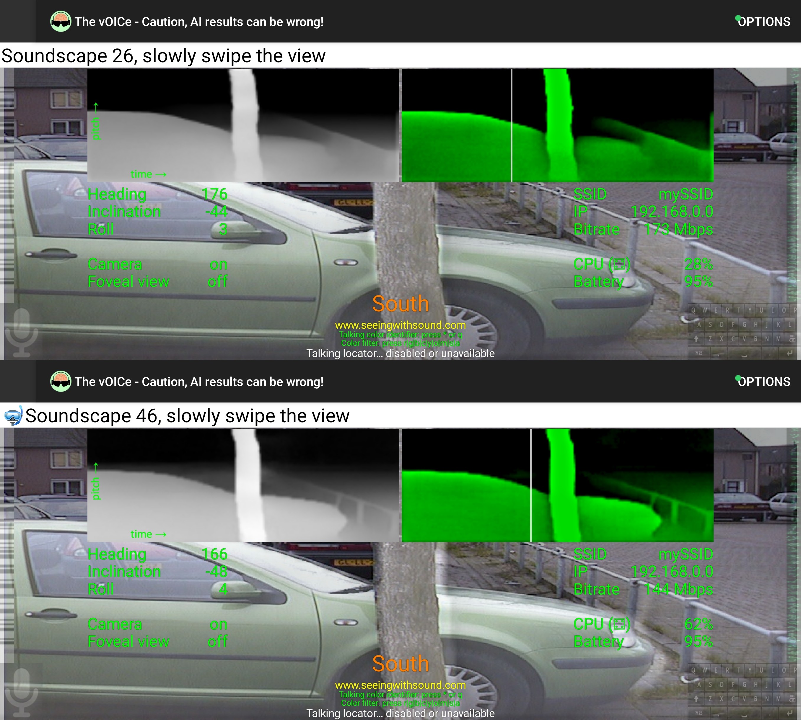 The vOICe for Android's AI depth view option applied to an old photo from March 10, 2000 that was at the time used for anaglyph stereo vision experiments. Top: v2.81 release (Google Play); bottom: v2.81 refined 'heavy' version (vOICeAndroid2.81Heavy.apk).